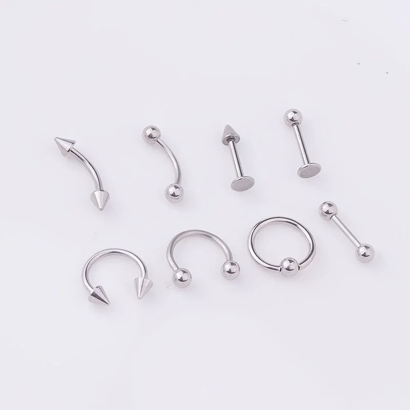 Kit de perforación corporal de 50 piezas, anillo de nariz en forma de L en forma de corazón, pendiente de oreja de cartílago de cejas de lengua de labio de nariz de acero inoxidable,