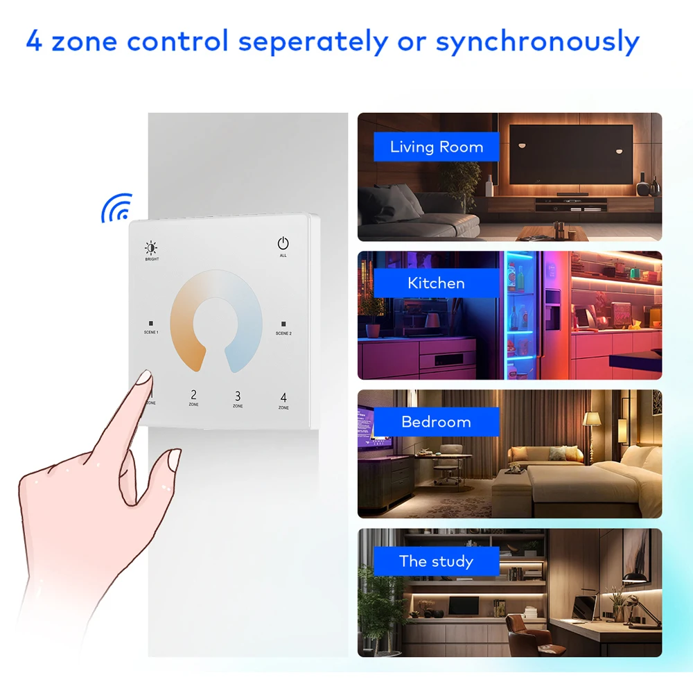 Atenuador inteligente LED, Kit de controlador de atenuación de tira LED CCT de 2 canales, 12V, 24V, 36V, 2,4G, Control remoto RF, Interruptor táctil de 4 zonas para TUYA Wifi