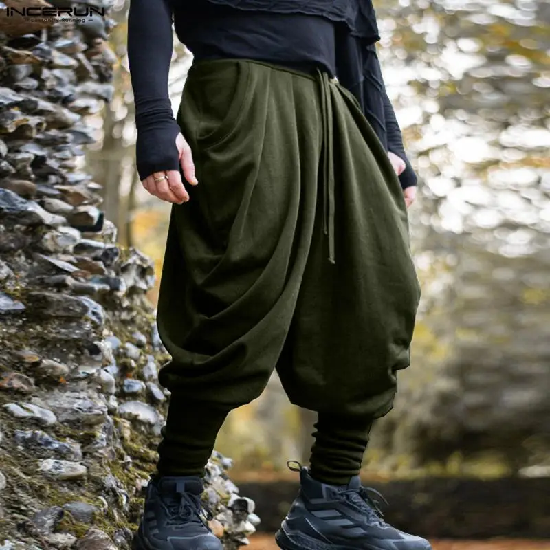 INCERUN, pantalones para hombre, pantalones para correr con cordón de Color sólido, pantalones bombachos informales para hombre, ropa de calle, pantalones sueltos de moda para tiempo libre, pantalones para hombre S-5XL