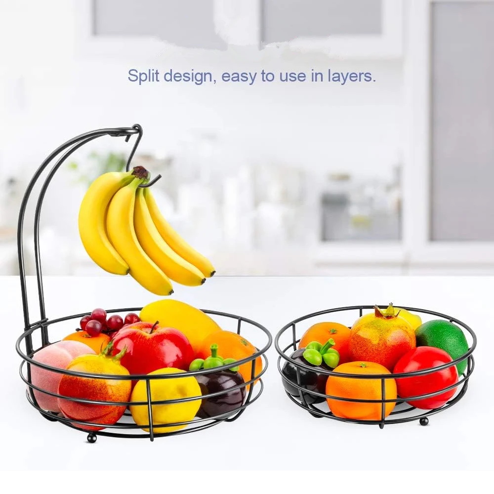 LMETJMA-cesta de frutas para encimera de 2 niveles, cuenco con colgador de plátano, soporte de frutas de alambre de Metal para cocina, organizador de almacenamiento JT312