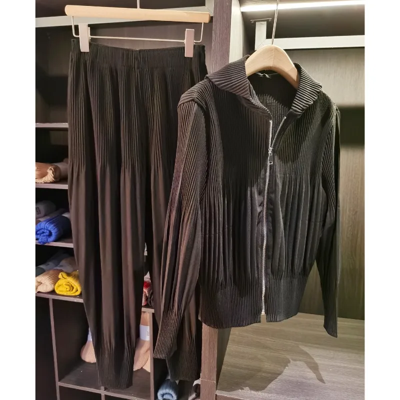 Conjunto de Chaqueta Plisada Miyake 2026 para Mujer, Chaqueta con Capucha Informal y Versátil, Pantalones Harlan Elásticos, Conjunto de 2 Piezas para el Día a Día