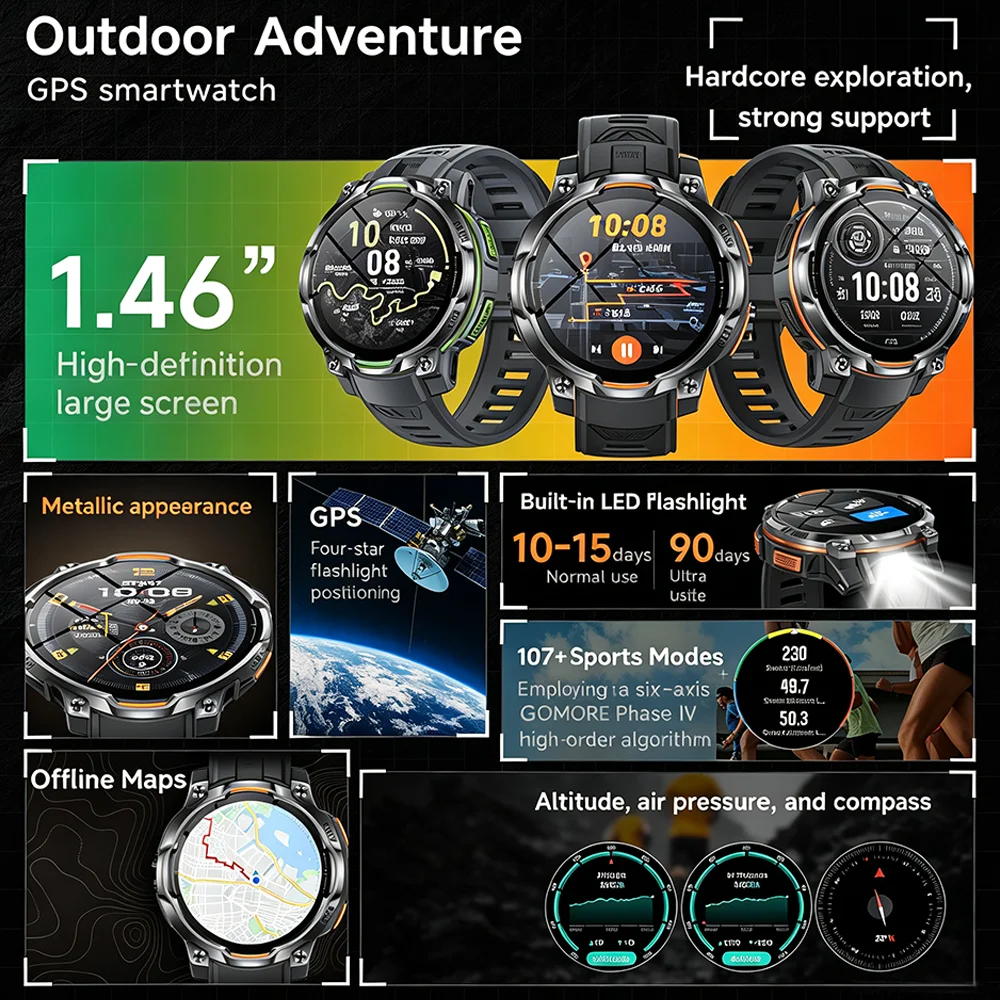 Nuevo Reloj Inteligente con GPS y Mapa Offline para Exteriores, Resistente al Agua IPX8, Más de 100 Deportes, Brújula LED, Altímetro, AMOLED, Llamadas Bluetooth