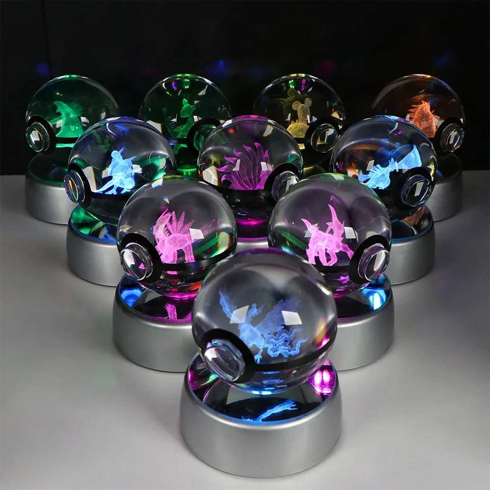 Pokemon bola de cristal 3D Pikachu Gengar Eevee Mewtwo juego de Anime Pokeball Led Base de luz nocturna niños regalo de cumpleaños decoración del hogar