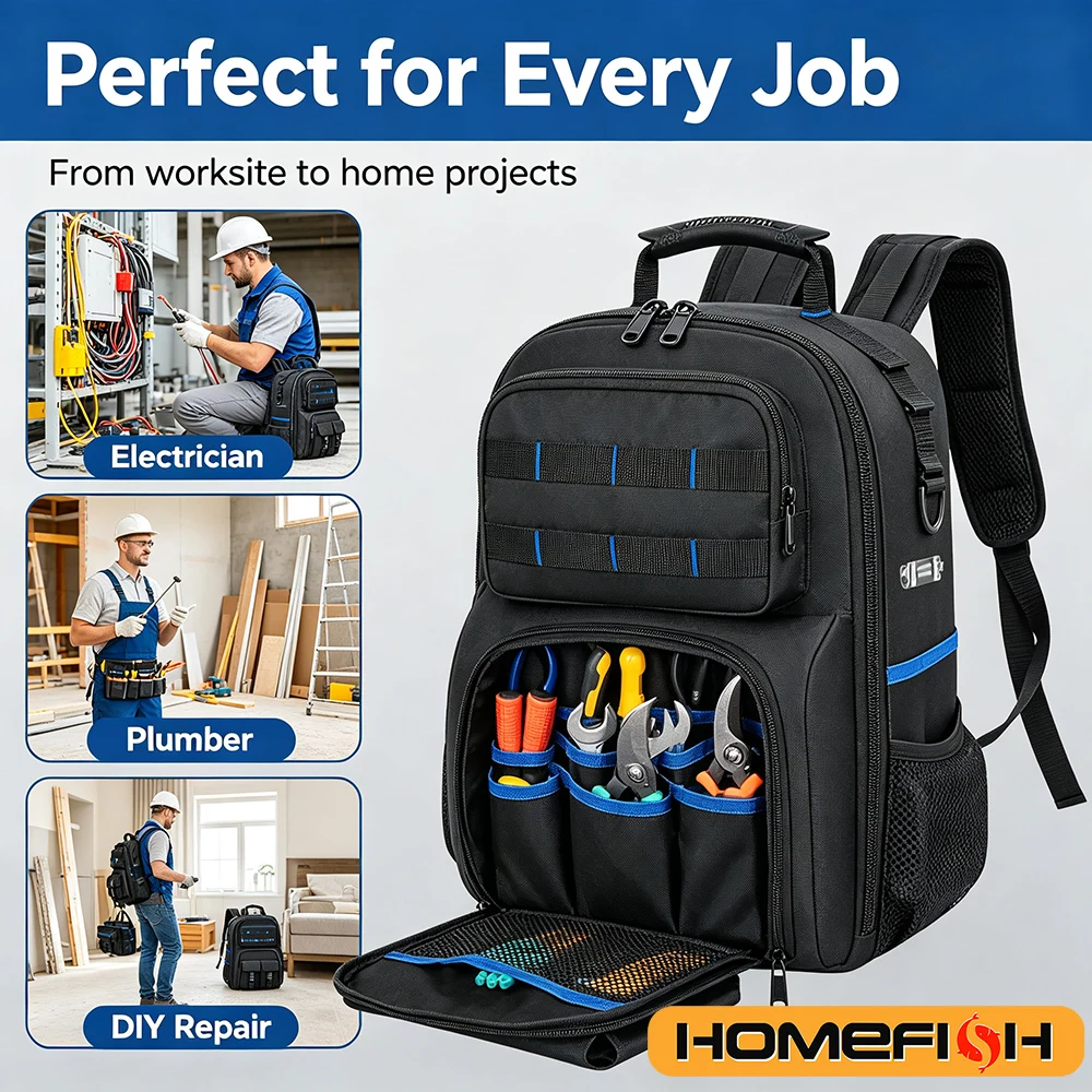 Mochila para Herramientas, Bolsa de Herramientas Resistente con Correa Acolchada para el Hombro y Organizador de Herramientas Extraíble, Mochila de Trabajo Resistente al Agua, para Electricistas