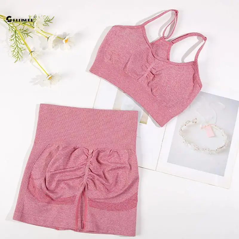 CHRLEISURE-Conjunto deportivo sin costuras para mujer, traje de Yoga de 2 uds, sujetador de Fitness con pantalones cortos de ciclismo, traje de entrenamiento elástico para gimnasio, ropa deportiva