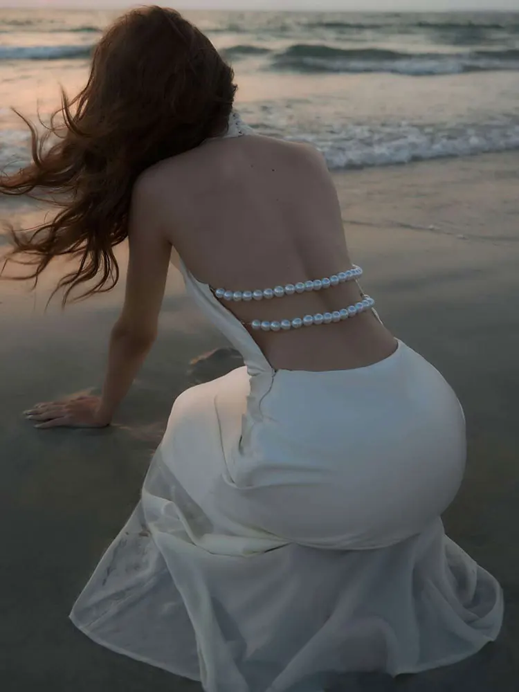 GACVGA satén espalda descubierta perlas Sexy ceñido al cuerpo fiesta de graduación Maxi vestido Halter sin mangas celebridad noche pasarela ajustado Club vestido largo