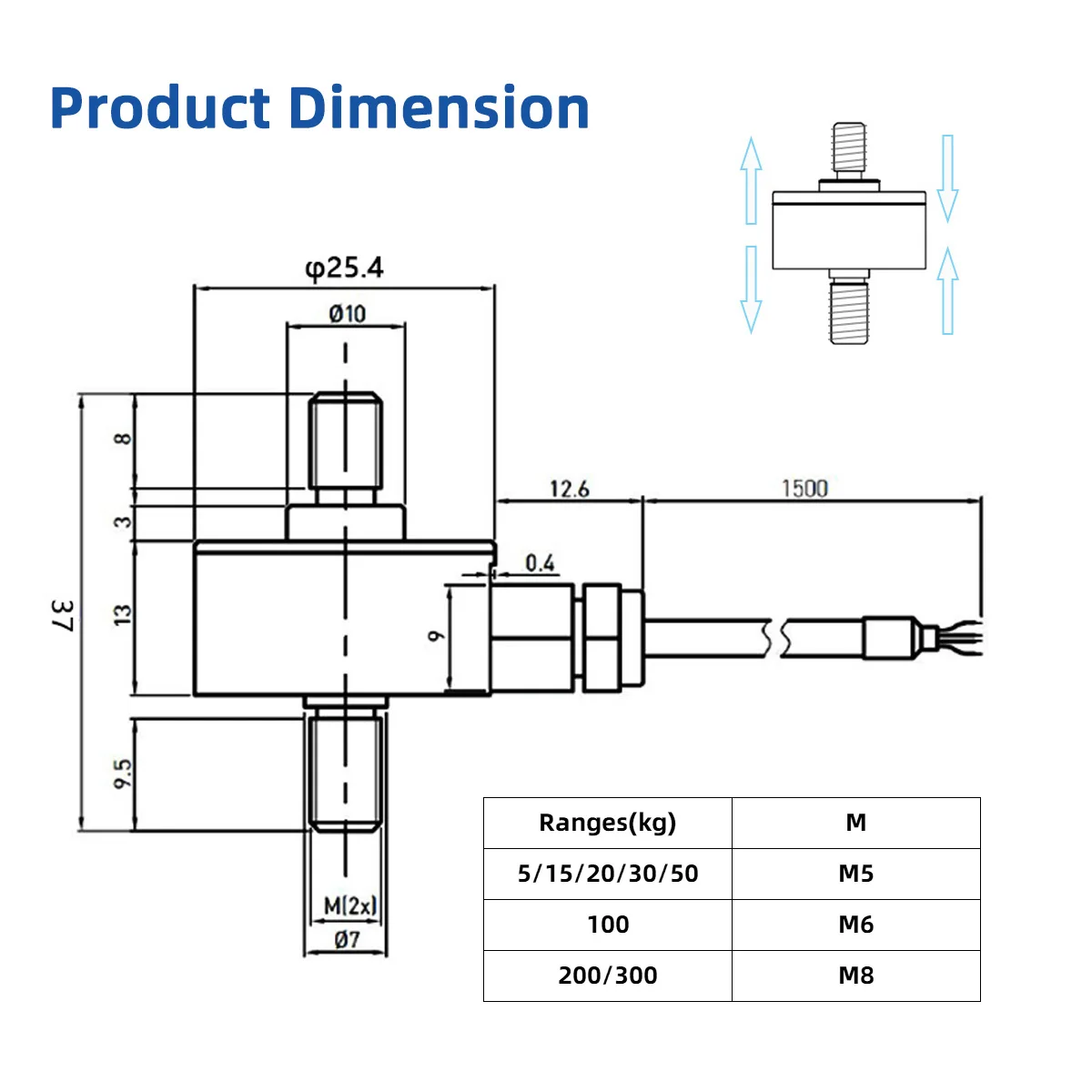 Mini celda de carga, Sensor de fuerza de doble perno para tensión de compresión, prueba Industrial, báscula de tolva, cápsula de Robot, 10kg, 50kg, 100kg