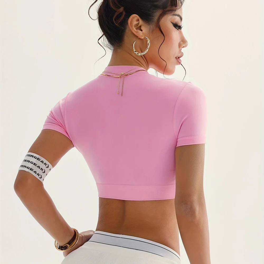 Top corto de Yoga de manga corta con cremallera para mujer, camisetas sin costuras para gimnasio, camisas elásticas, ropa de entrenamiento de verano, ropa deportiva para Fitness