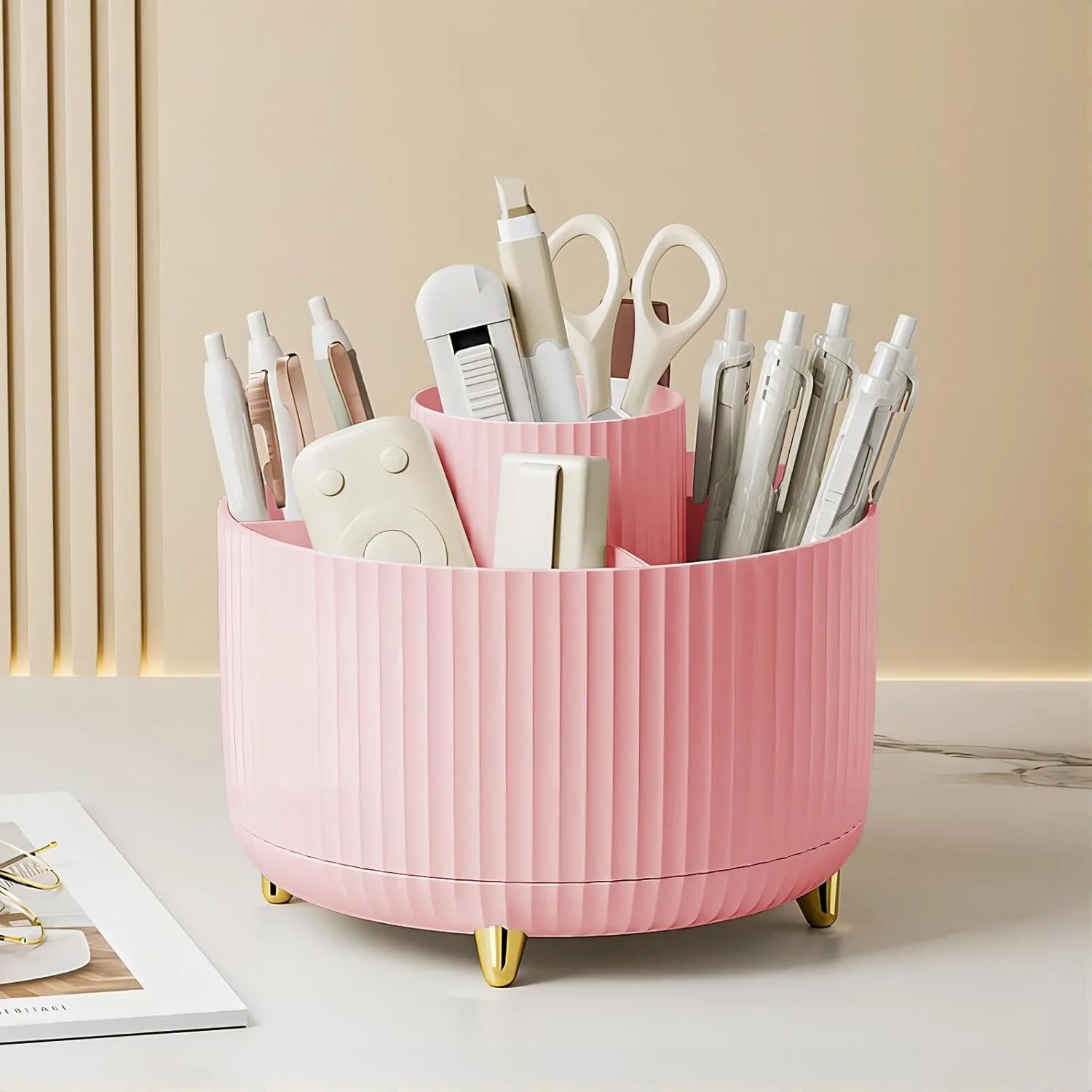 360 °   Caja de almacenamiento de herramientas de maquillaje giratoria, organizador de escritorio, soporte para brochas cosméticas, lápiz labial, ceja, lápiz, contenedor de joyería