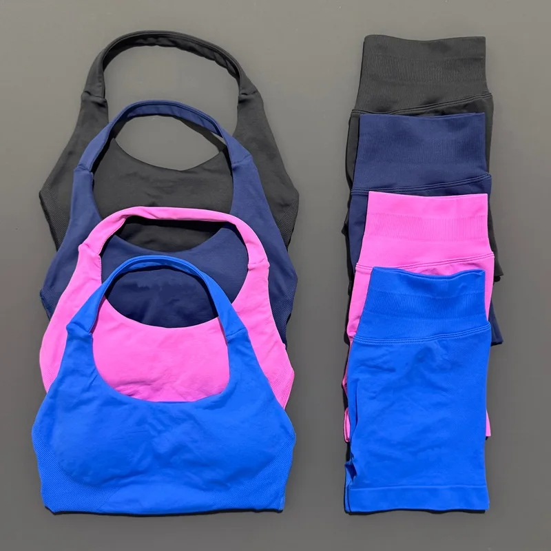 Conjunto deportivo Histello de 2 piezas para mujer, cuello Halter, a prueba de golpes, palangre, Top con tiras, pantalones cortos de entrenamiento, conjuntos de ropa deportiva, traje de gimnasio