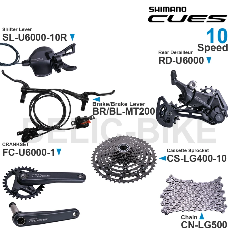 SHIMANO-CUES U6000 Groupset, SL-U6000-10R, RD-U6000, FC-U6000-1, CS-LG300, CS-LG400, MT200, freno de disco, piezas originales