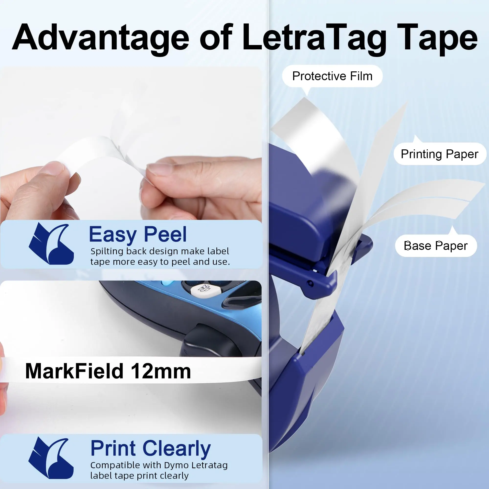 Para cinta de etiquetas Letratag, cartucho de plástico/papel/tela de 12mm, negro sobre blanco 91201 para Dymo LetraTag LT-100H Labelmaker 200B QX50
