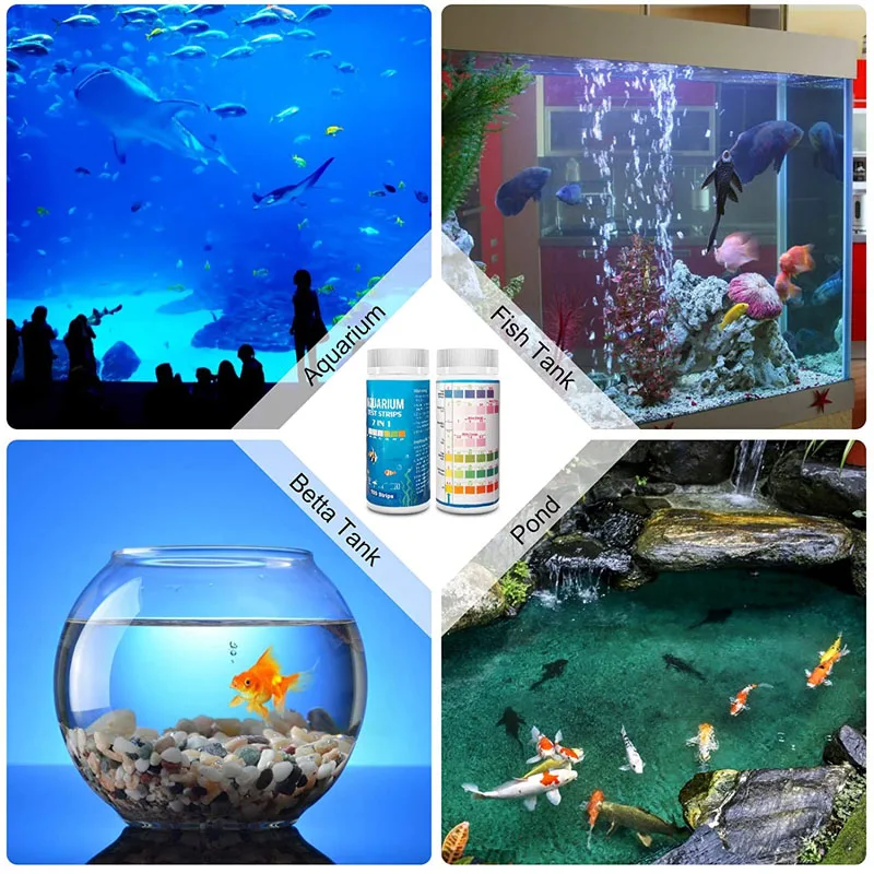Tiras de prueba de acuario 7 en 1, Kit de prueba de tanque de peces de agua dulce y salada de 100 piezas para detectar PH NO3 NO2 GH KH CI TCL