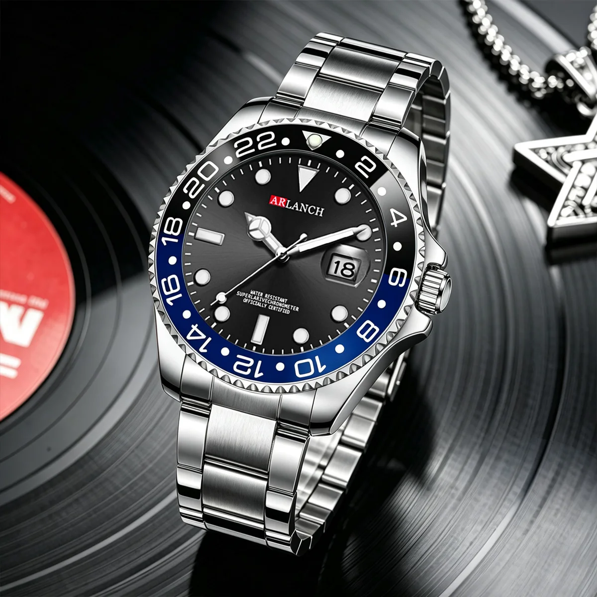 Reloj de acero inoxidable de 40 mm, estilo empresarial, serie de buceo con círculo rojo y azul, lupa, calendario, reloj de cuarzo, montre homme