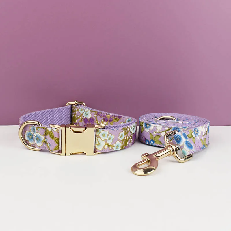 Arnés Ajustable para Perro, Estampado Morado, Algodón Suave, Collar Personalizado para Perro, Juego de Correas y Arnés con Lazo, Accesorios para Perro, Flores 03