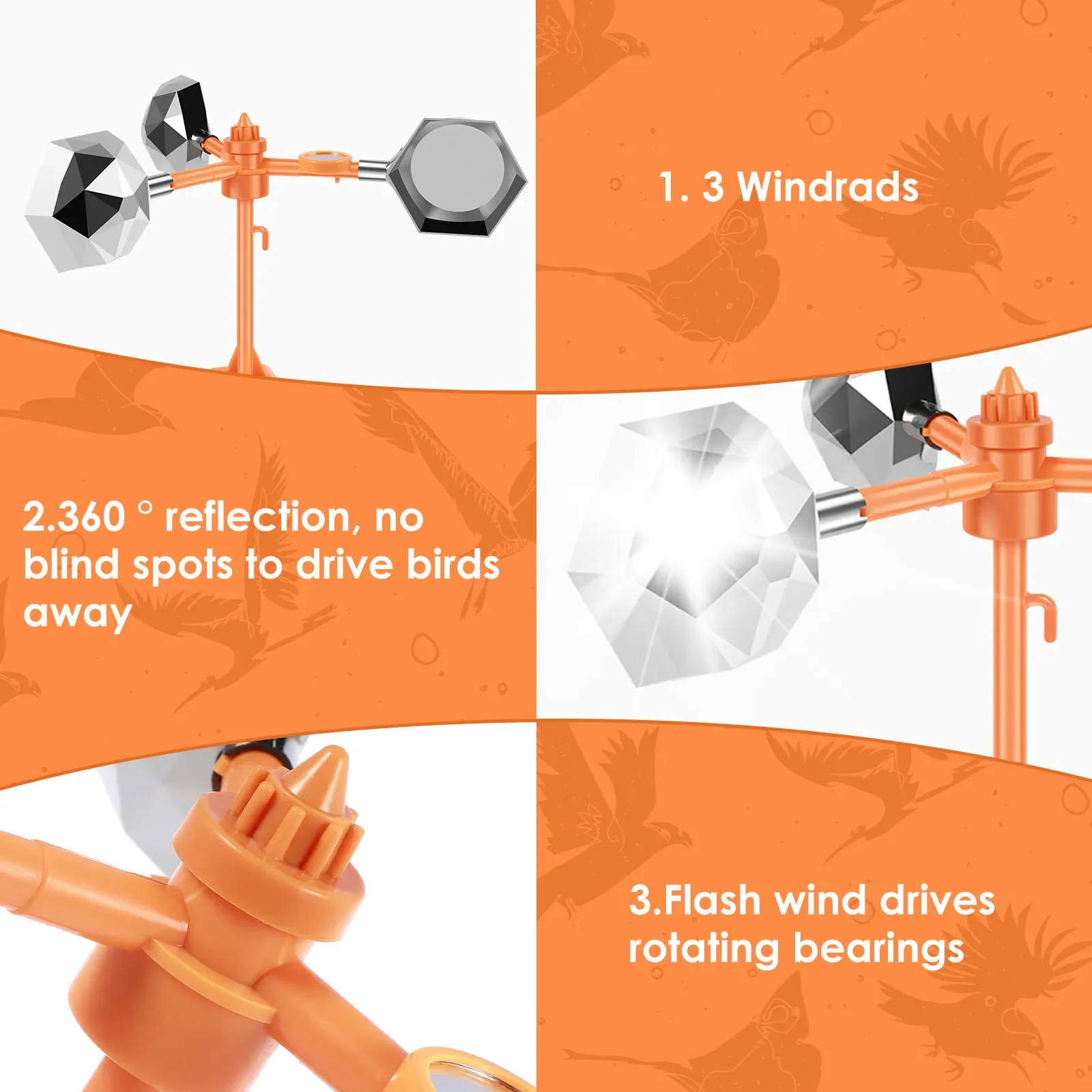 Repelente de aves con energía eólica, repelente de aves giratorio de 360 grados, espejo, diseño reflectante, suministros de jardinería retráctil para asustar a los pájaros