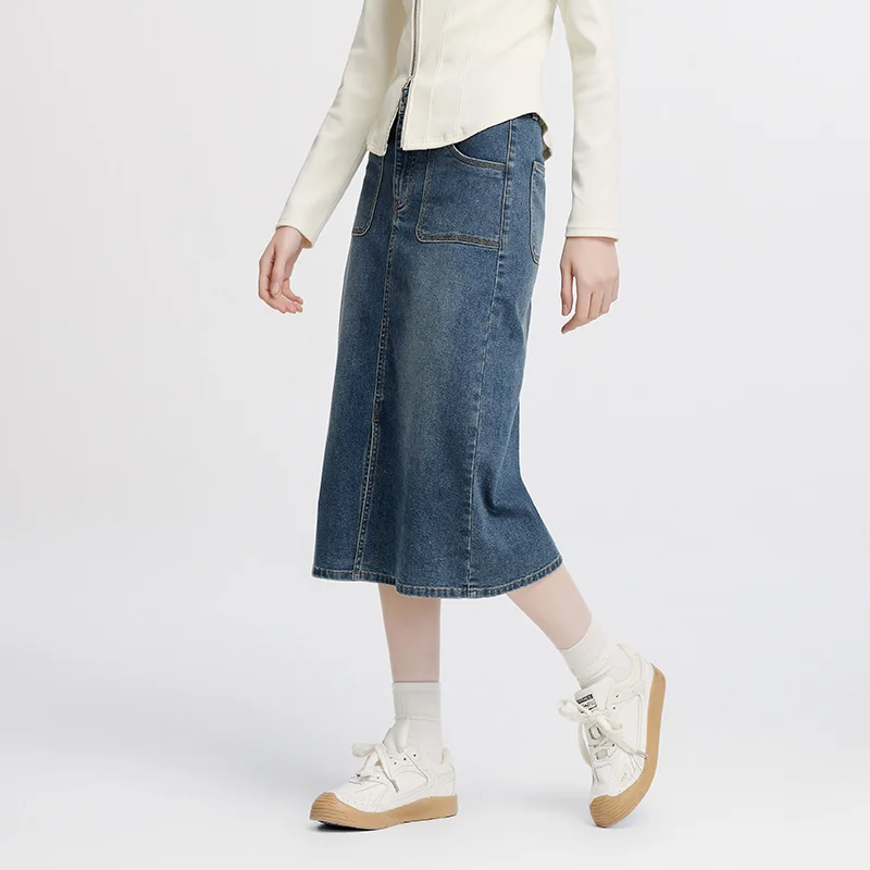 Falda de mezclilla Semir para mujer, estilo retro, recta, larga, ajustada, con abertura, para uso diario urbano y cómodo, otoño 2026