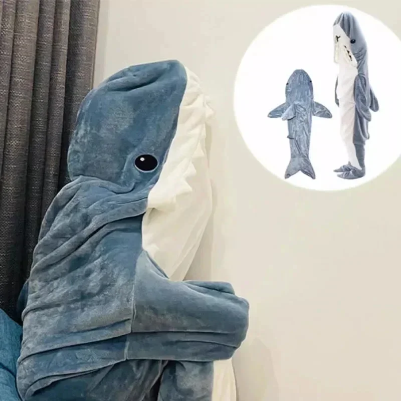 Manta de tiburón de dibujos animados con capucha para mujer, mono Kigurumi para niños y padres, franela cálida con capucha, ropa de casa divertida, mono de tiburón, saco de dormir