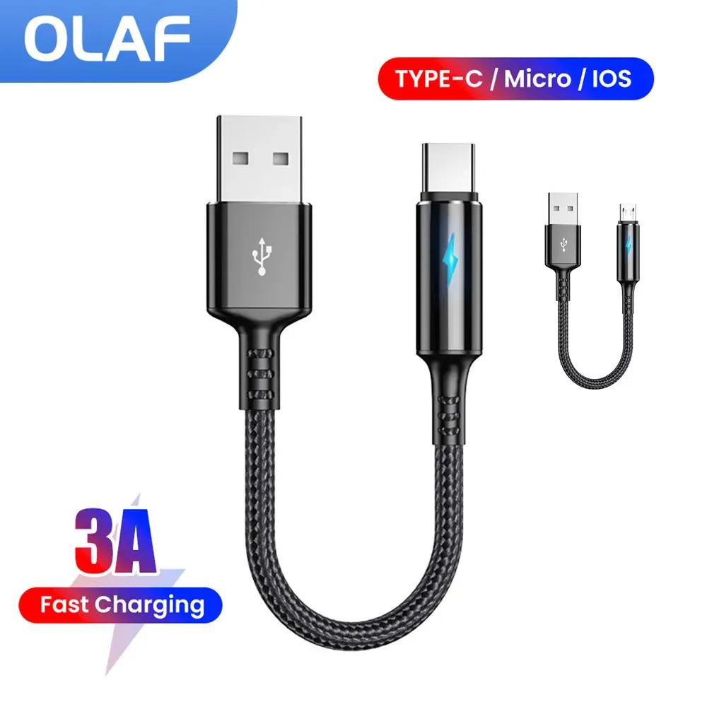 Cable USB tipo C corto de 25cm Cable Micro USB de datos 3A para iPhone Huawei Xiaomi Power Bank cable de datos de carga rápida