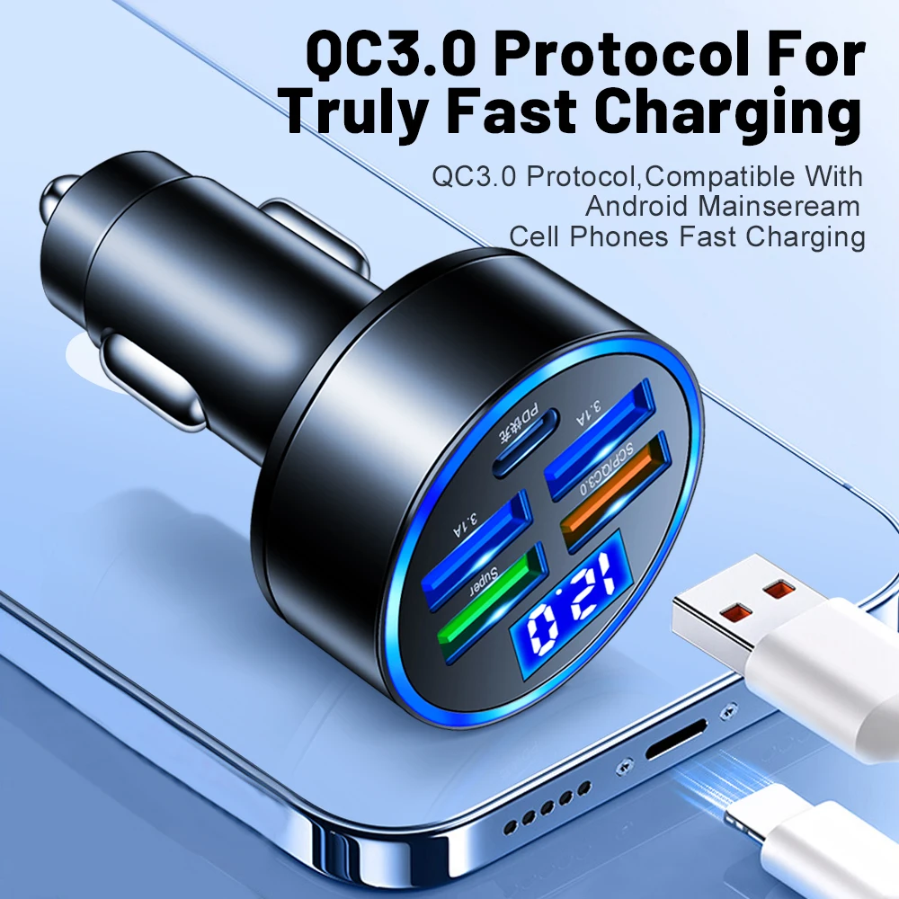 Cargador de coche USB PD de 250W, adaptador de teléfono USB tipo C de carga rápida para iPhone 13 Pro, Xiaomi, Huawei, Samsung, cargador rápido para coche