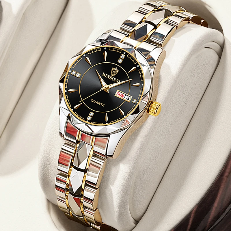 BINBONG, relojes para mujer, reloj de cuarzo de lujo a la moda para mujer, reloj de pulsera de acero inoxidable con fecha luminosa resistente al agua, regalo para amantes de la novia