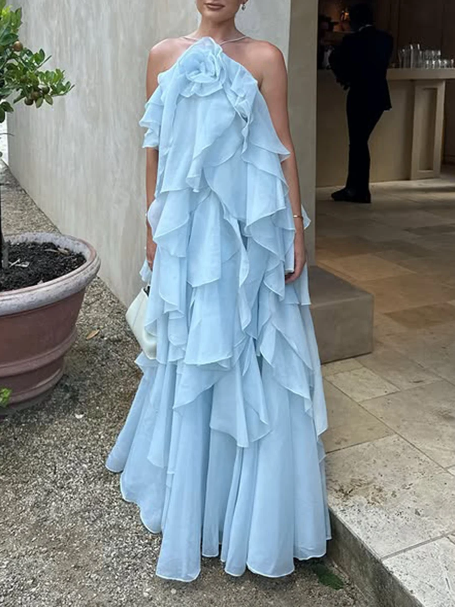 TWOTWINSTYLE, vestidos elegantes lisos con volantes empalmados para mujer, vestido suelto sin mangas con cuello Halter y cintura alta con espalda descubierta, moda femenina