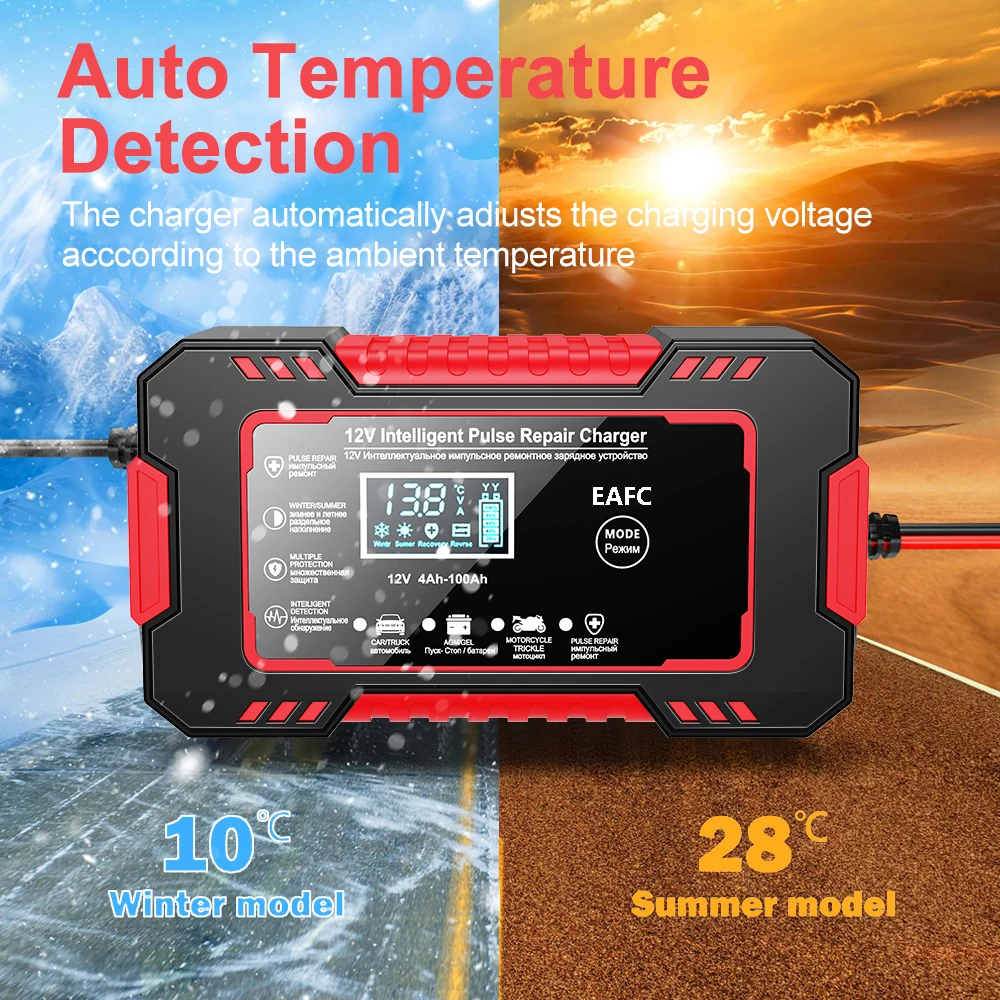Cargador de batería de coche 12V 6A reparación de pulso pantalla LCD carga rápida inteligente AGM cargador de plomo-ácido de GEL de ciclo profundo para motocicleta automática