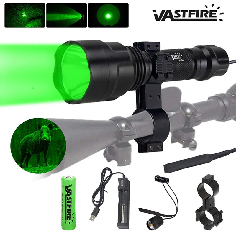 Linterna táctica LED verde/roja/blanca para caza C8, linterna profesional de 1 modo + 18650 + cargador + interruptor remoto + soporte para mira de Rifle