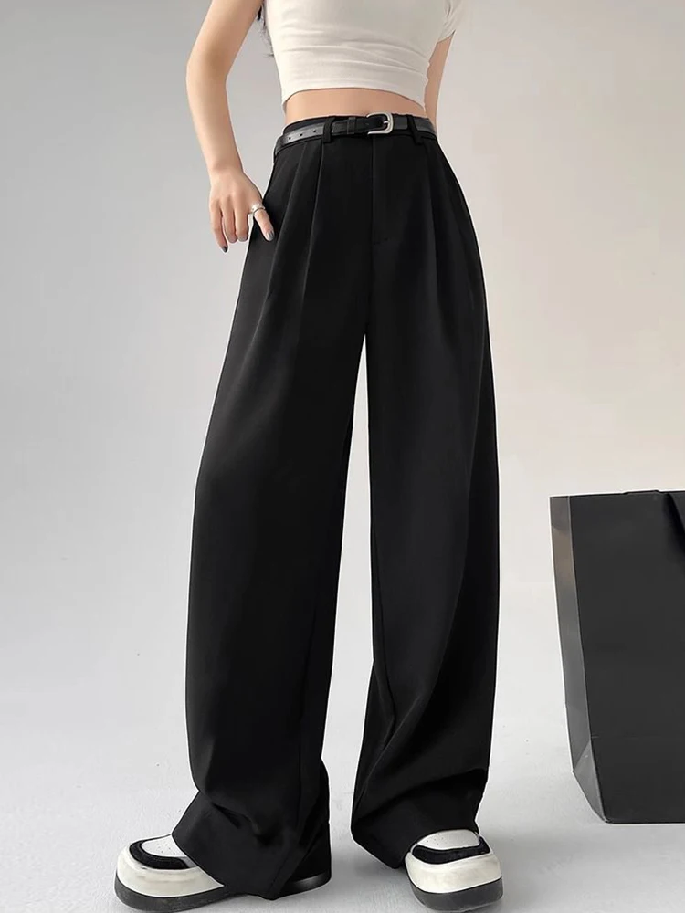 Botvotee, trajes informales, pantalones para mujer, oficina, elegante, pierna ancha, pantalones negros de cintura alta con cinturón, ropa de calle, moda Y2k