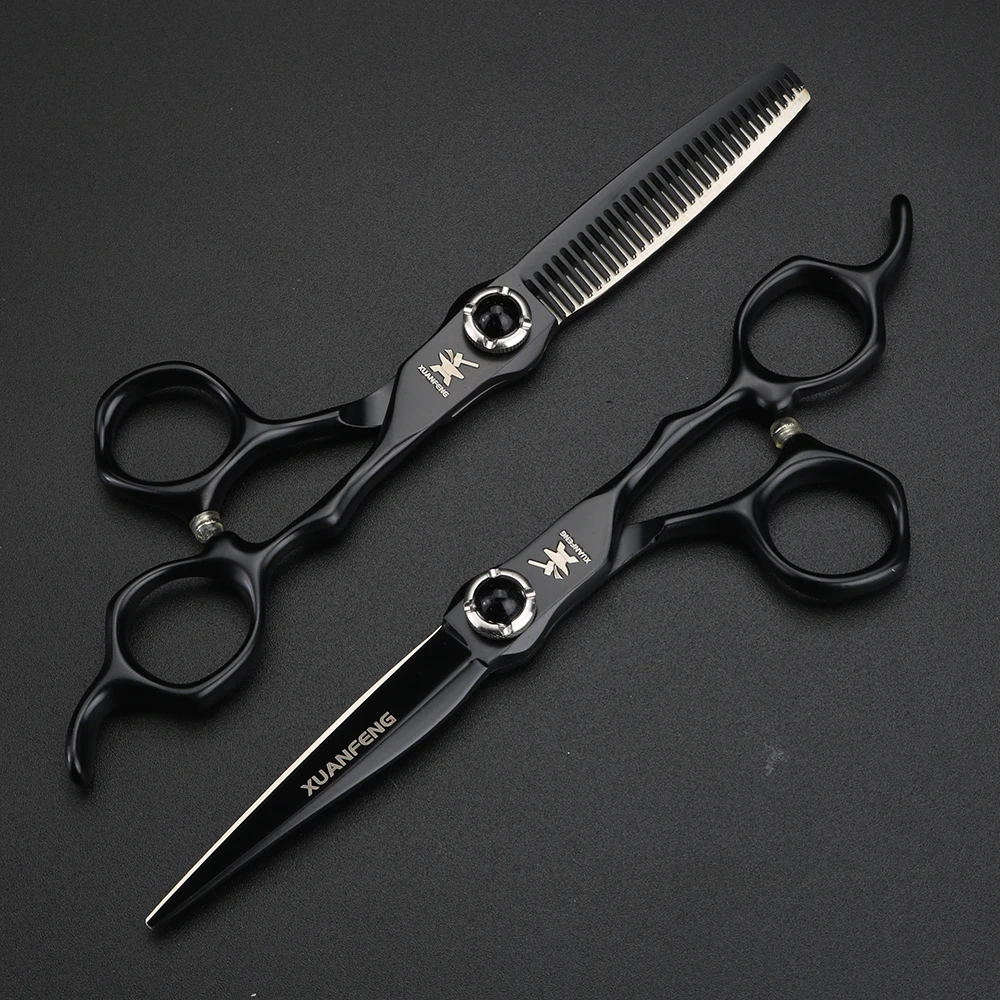 Tijeras para el cabello con tornillo de piedras preciosas negras, tijeras de corte de acero JP440C de 6 pulgadas y tijeras de adelgazamiento, herramienta profesional de corte de cabello