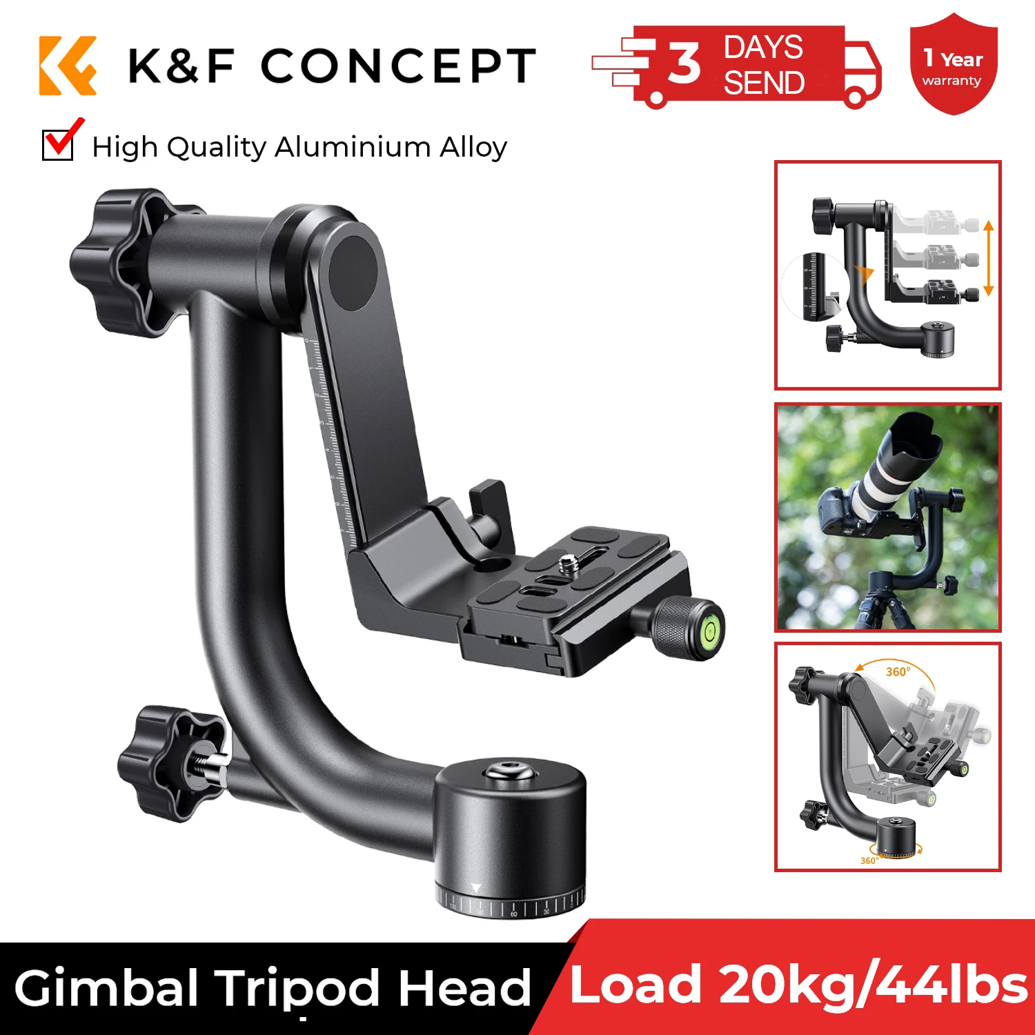 Cabeza de Trípode K&F CONCEPT de Aleación de Aluminio, Panorámica de 360 Grados, con Placa de Liberación Rápida Estándar de 1/4