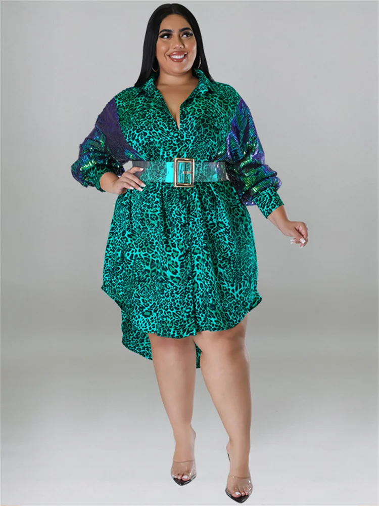 Wmstar-Vestidos de Fiesta de talla grande para mujer, manga de lentejuelas, retales de leopardo, Vestido camisero Midi elegante, venta al por mayor, envío directo con cinturón