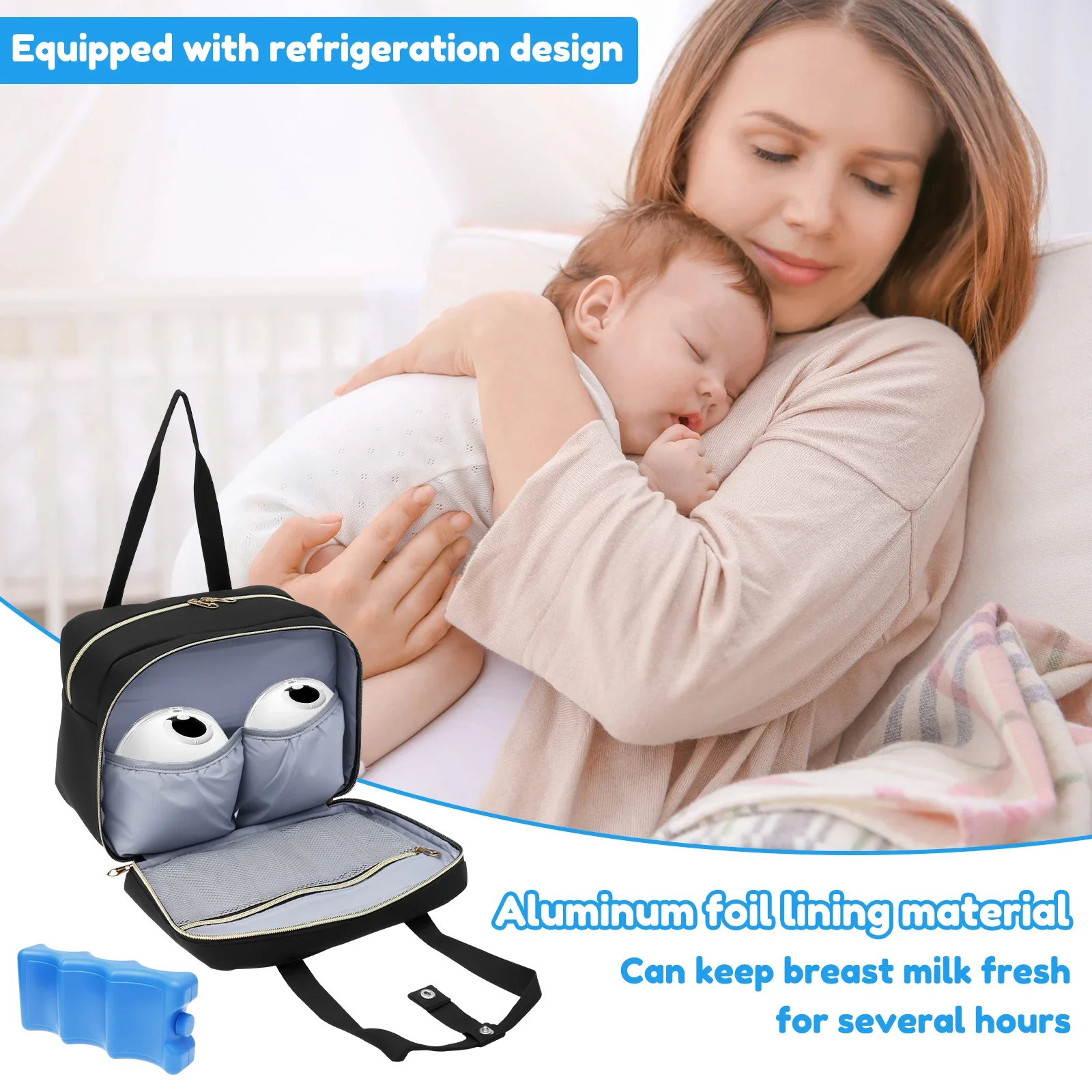 Bolsa de almacenamiento para extractor de leche con bolsa de hielo y estera impermeable, refrigerador portátil para leche materna, bolsa de viaje con aislamiento manos libres