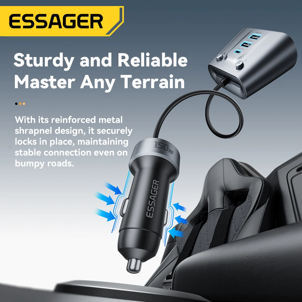 Essager-cargador de coche USB C de 150W, 2 en 1, 100W, divisor de encendedor de cigarrillos Dual, 5 puertos QC 3,0 PD 3,0, carga rápida para teléfono móvil