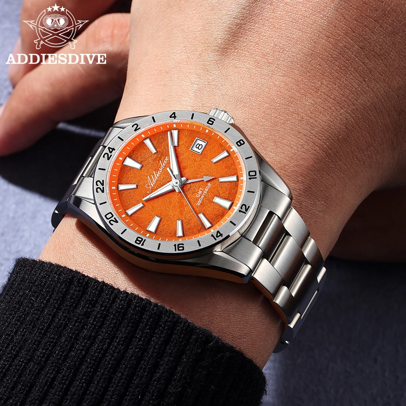 ADDIESDIVE Reloj de lujo suizo Ronda GMT, resistente al agua hasta 200M, zona horaria dual, BGW9 luminoso, movimiento de cuarzo de acero inoxidable de 38mm