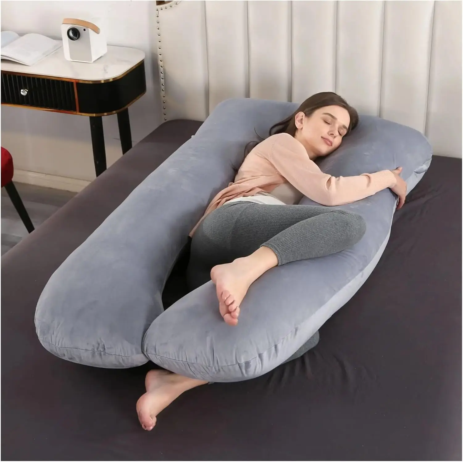 Almohada de embarazo en forma de U para dormir, almohada de cuerpo completo, almohada de embarazo, almohada de maternidad, con funda extraíble (gris)