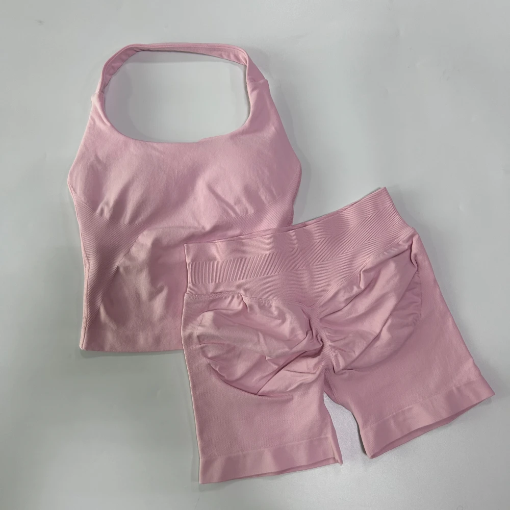 Conjunto de gimnasio de 2 piezas sin logotipo para mujer, Tops con cuello Halter y espalda descubierta, pantalones cortos sin costuras de cintura alta, traje de gimnasio, ropa deportiva, conjuntos de entrenamiento