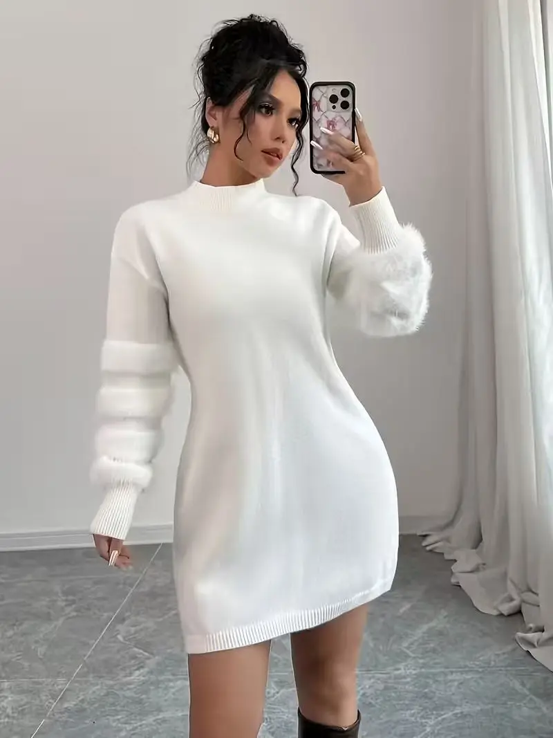 Vestido Casual de Punto para Mujer, Cuello Alto, Color Sólido, Corte Holgado, con Parches, Sin Cinturón, Ropa de Otoño/Invierno