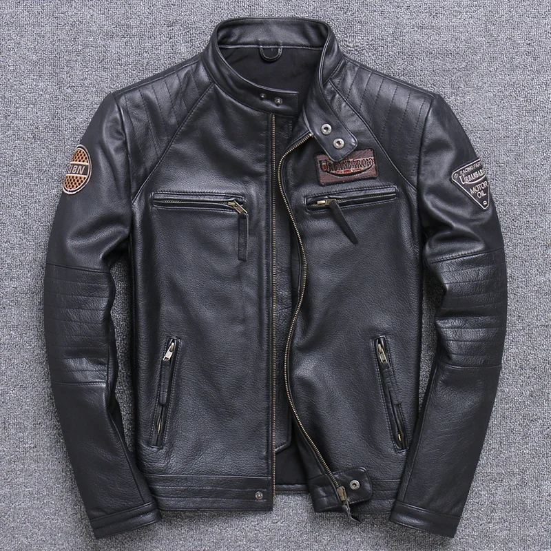 Chaqueta de motorista de cuero genuino para hombre, abrigo de piel de vaca 100% Natural, ajustado, Estilo Vintage, ropa de motorista