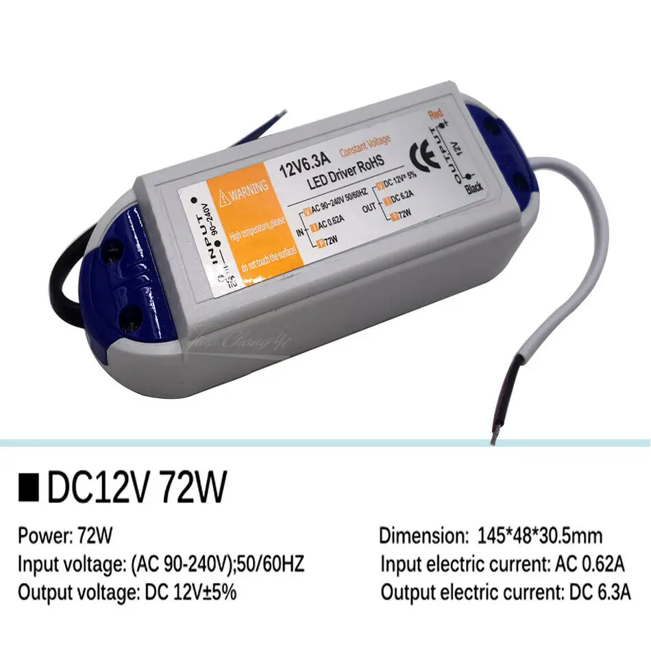 Fuente de alimentación de 5V Controlador LED de 12V Adaptador de corriente de 5 voltios 12 voltios 60W 72W 100W CA 110V 220V a CC 5V 12V 8A 20A Transformador de tira LED