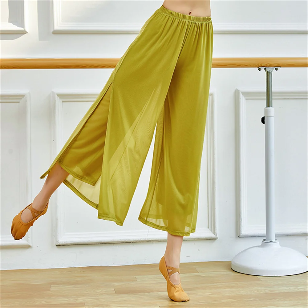 Pantalones de baile modernos para mujer, pantalones de baile de pierna ancha holgados de nailon de malla, pantalones de Yoga diarios para danza clásica china para mujer