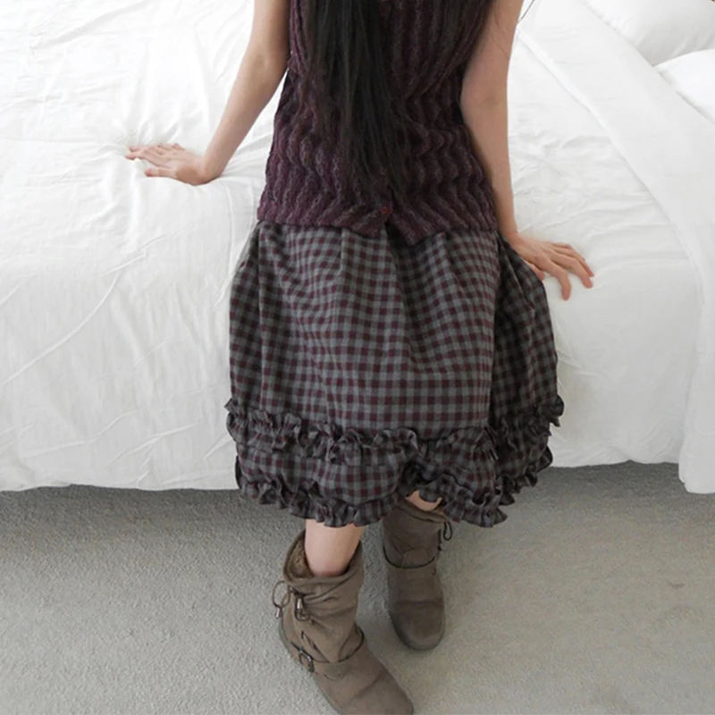 MEXZT-Falda Midi Vintage a cuadros para mujer, Faldas de retales con volantes de Harajuku japonés, ropa de calle informal Y2K, Faldas de corte A, novedad