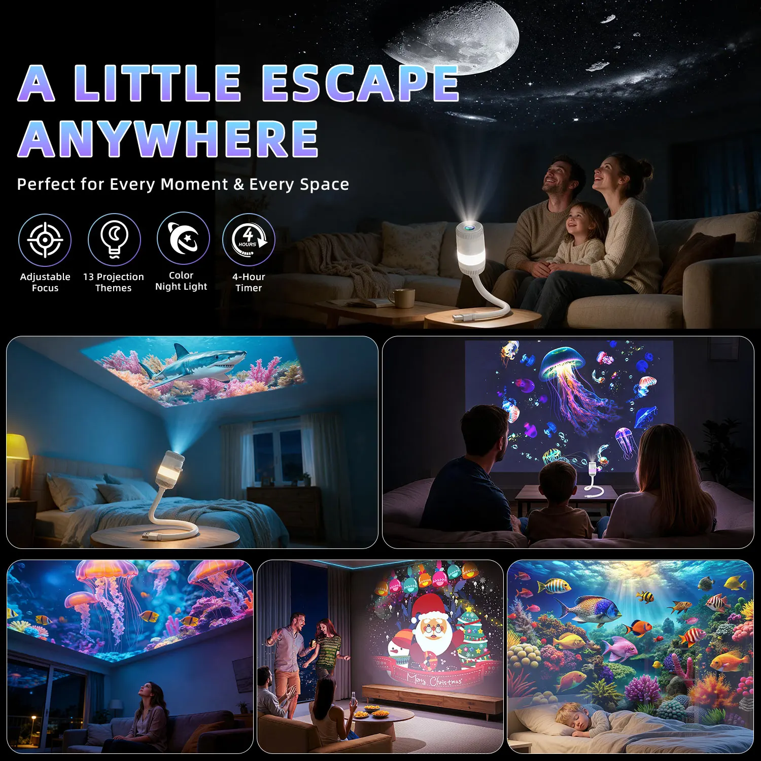 Proyector de Estrellas Galácticas Ausyle, Lámpara Nocturna LED USB con Diseño de Medusa, Cielo Estrellado y Universo, Decoración de Ambiente para Hogar, Dormitorio y Habitación
