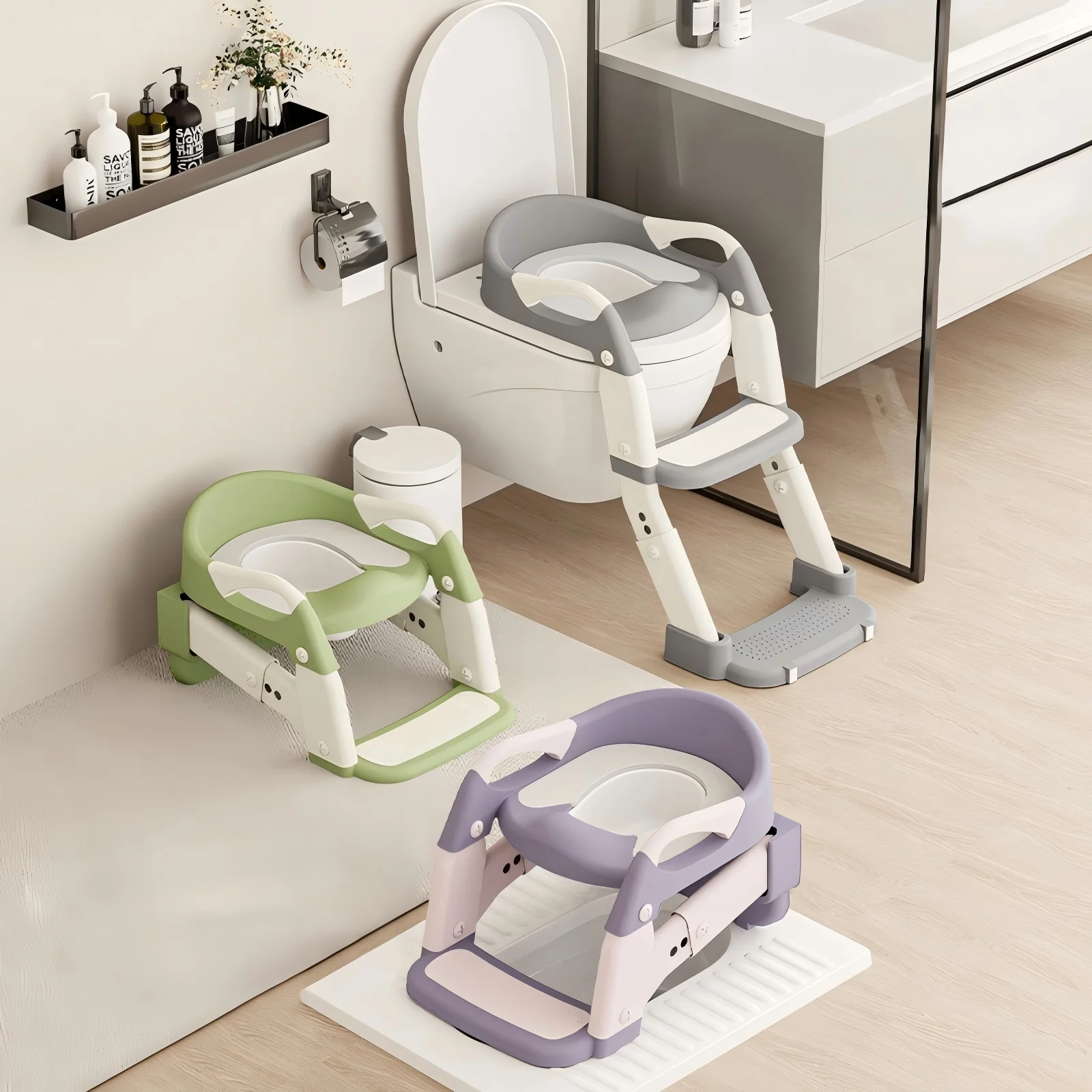 Asiento de inodoro 2 en 1 para niños pequeños con escalera – Asiento de entrenamiento para ir al baño ajustable con escalones y almohadillas antideslizantes, plegable para niños y niñas, entrenador de inodoro para baño (Gris Verde Morado)