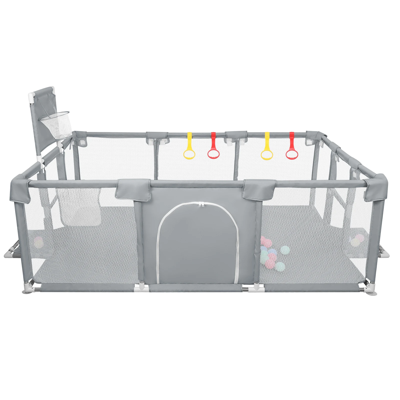 Parque infantil grande para bebés XL 180x120cm, parque infantil para bebés y niños con red transpirable, 50 pelotas de juego y 4 anillas de tracción