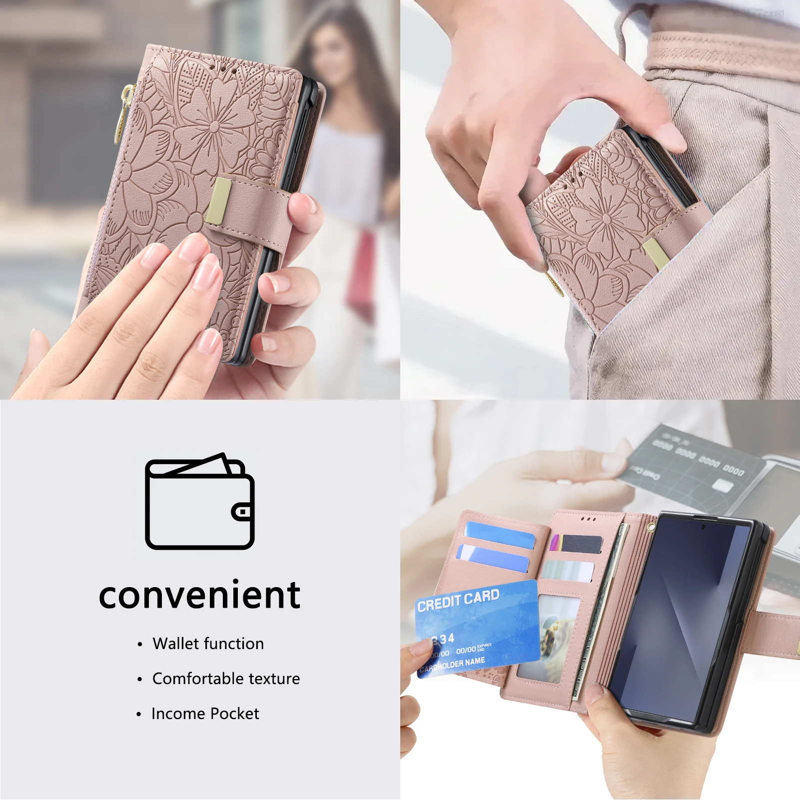 Funda de cuero con cremallera y ranuras para tarjetas, diseño moderno en relieve, para Samsung Z Fold 8, a prueba de golpes, con función de soporte, delgada y ajustada.