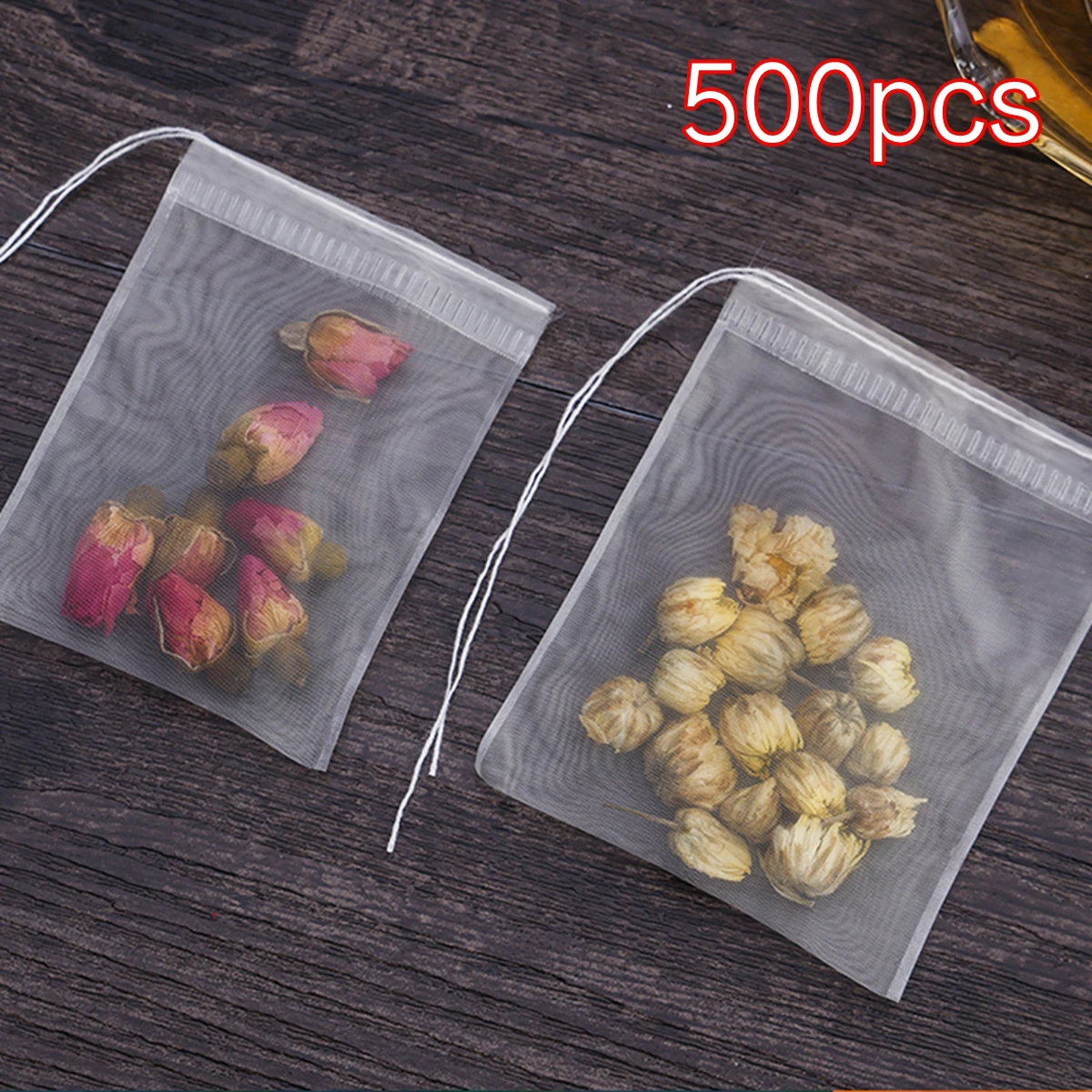 Bolsas de té transparentes reutilizables de nailon, bolsitas de té vacías con sello de cuerda, filtro para hierbas y especias, 500 piezas