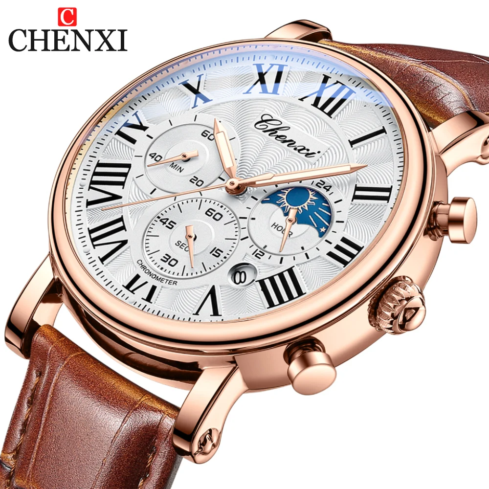 CHENXI, relojes de negocios a la moda para hombre, reloj de cuarzo de lujo, cronógrafo con fecha automática, reloj de pulsera de cuero resistente al agua para hombre