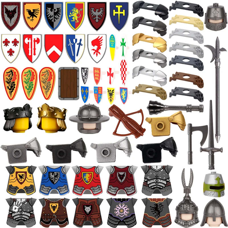 MOC-accesorios medievales, serie de bloques de construcción, figura de soldado del ejército militar, armadura, escudo, casco, espada, corona, Caballero, juguetes de ladrillos