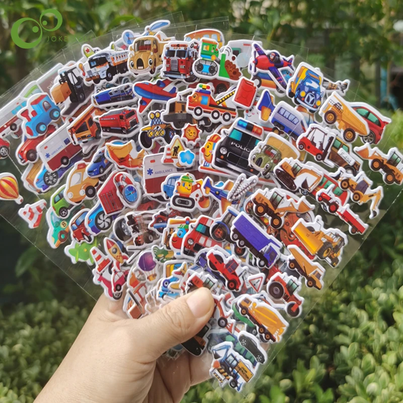 10 hojas de pegatinas hinchadas 3D para niños, pegatinas de excavadora de vehículos de ingeniería, pegatinas de coches de dibujos animados, juguetes para niños, regalo para niños
